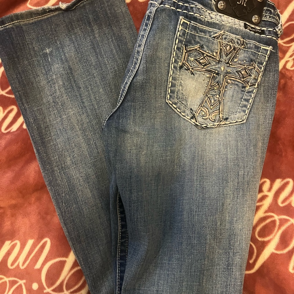 Miss Me Blue Boot Cut Jeans with Cross Embroidery